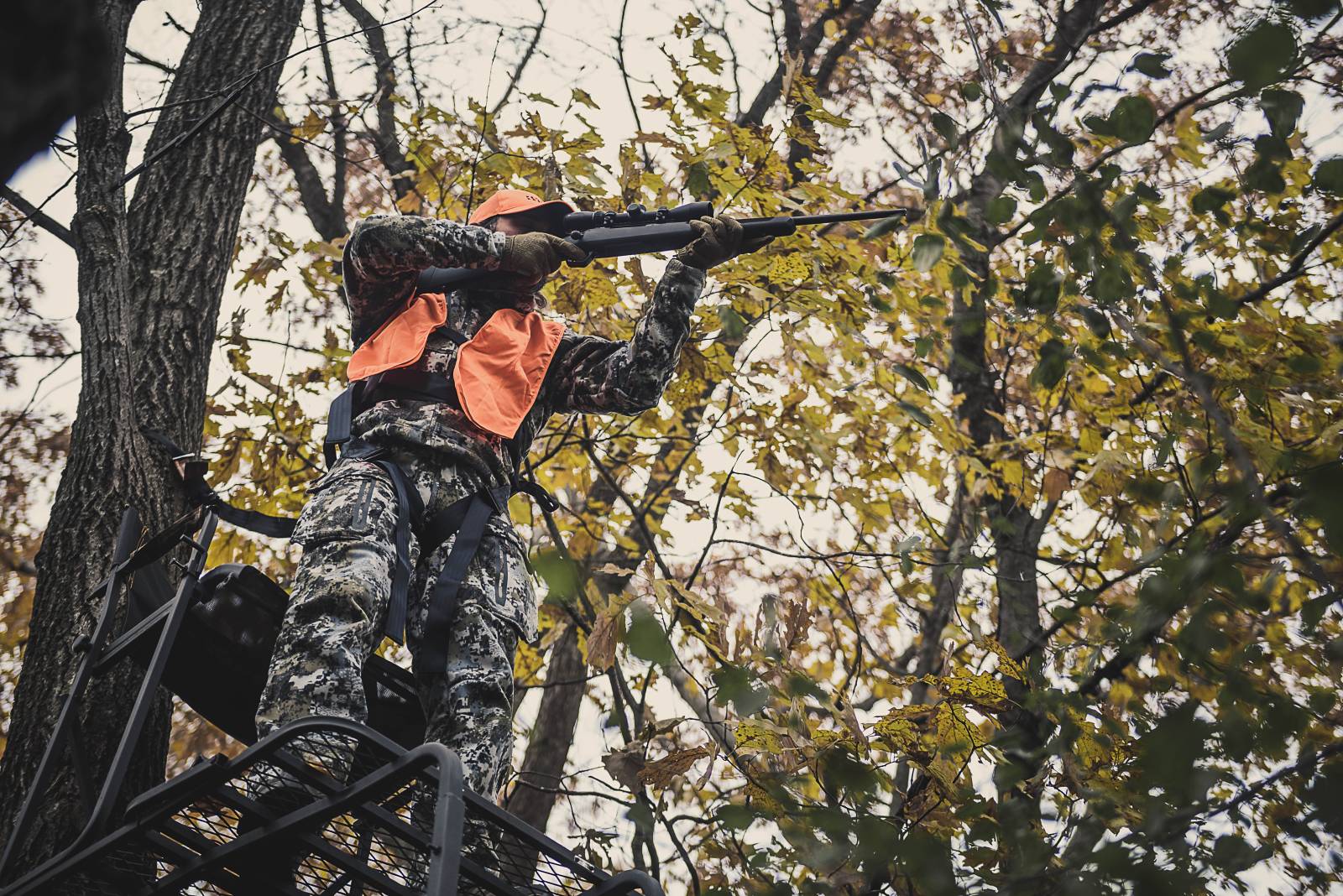 Savage 110 Apex Hunter in Tree Hunter with Savage firearm in the wilderness. Photo credit: Savage Arms